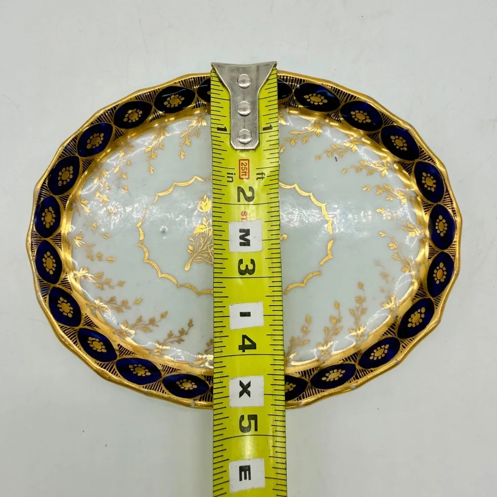 Antique‎ Cobalt Blue Gold Gilt Porcelain Oval Trinket Dish Floral Scalloped Rim